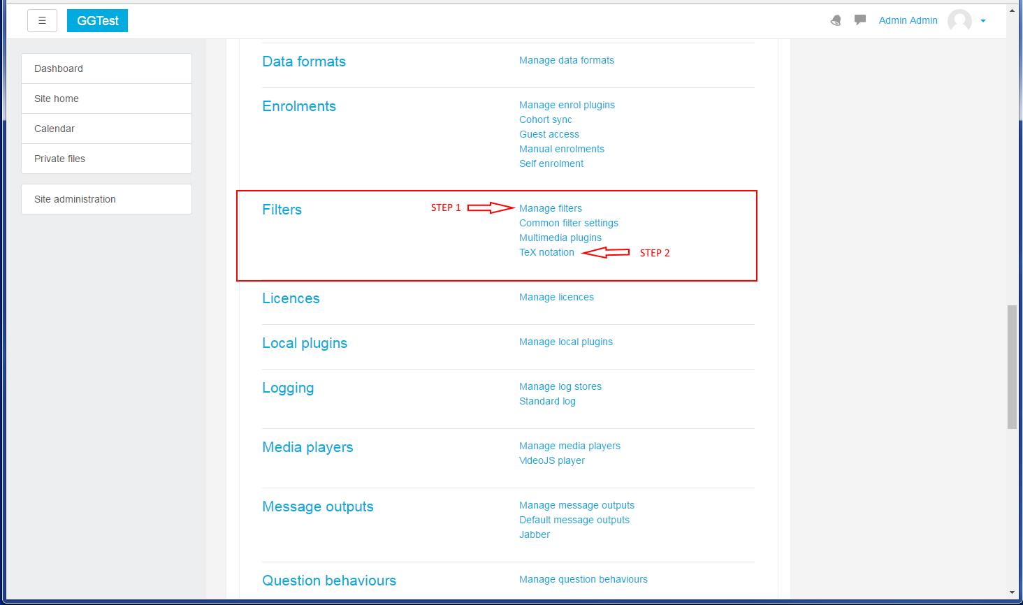 Moodle Filters admin location