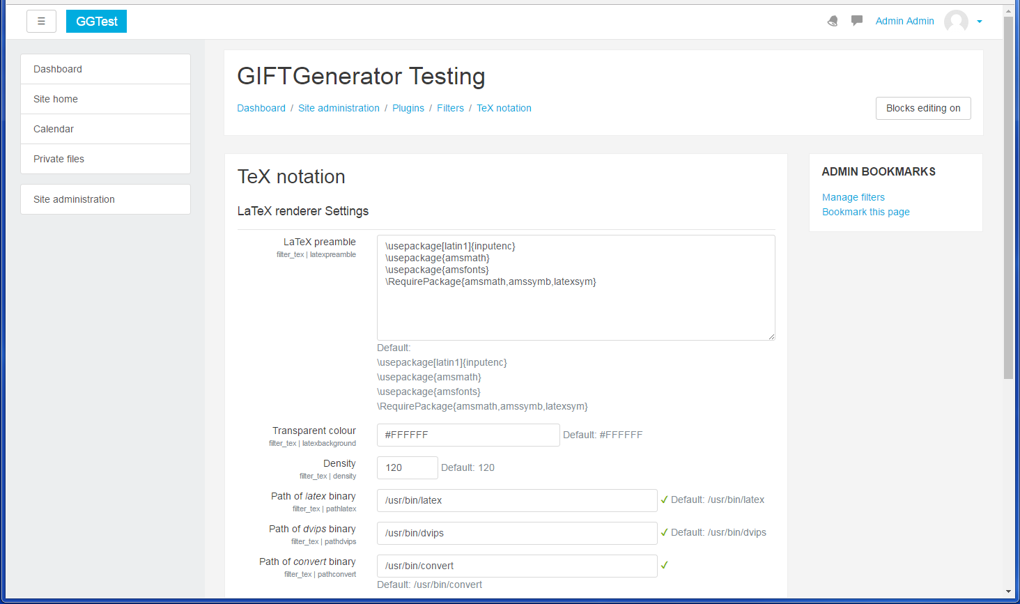 Moodle TeX notation settings page